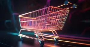 Representación de un carrito de compras digital iluminado, simbolizando la transformación de la experiencia de compra en el sector retail mediante la adopción de la inteligencia artificial.